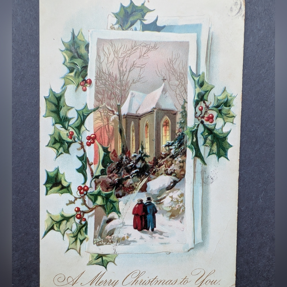 Vintage Holiday Card with Bell and Holly #12